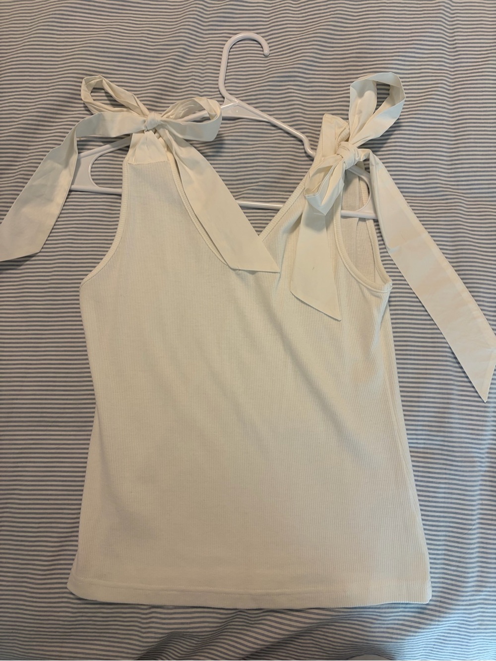 Cream Tie-Shoulder Ribbed Tank Top